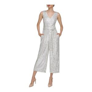 Calvin Klein Sequin Silver Jumpsuit Size 8 Belted Formal Holiday Y2K Retro